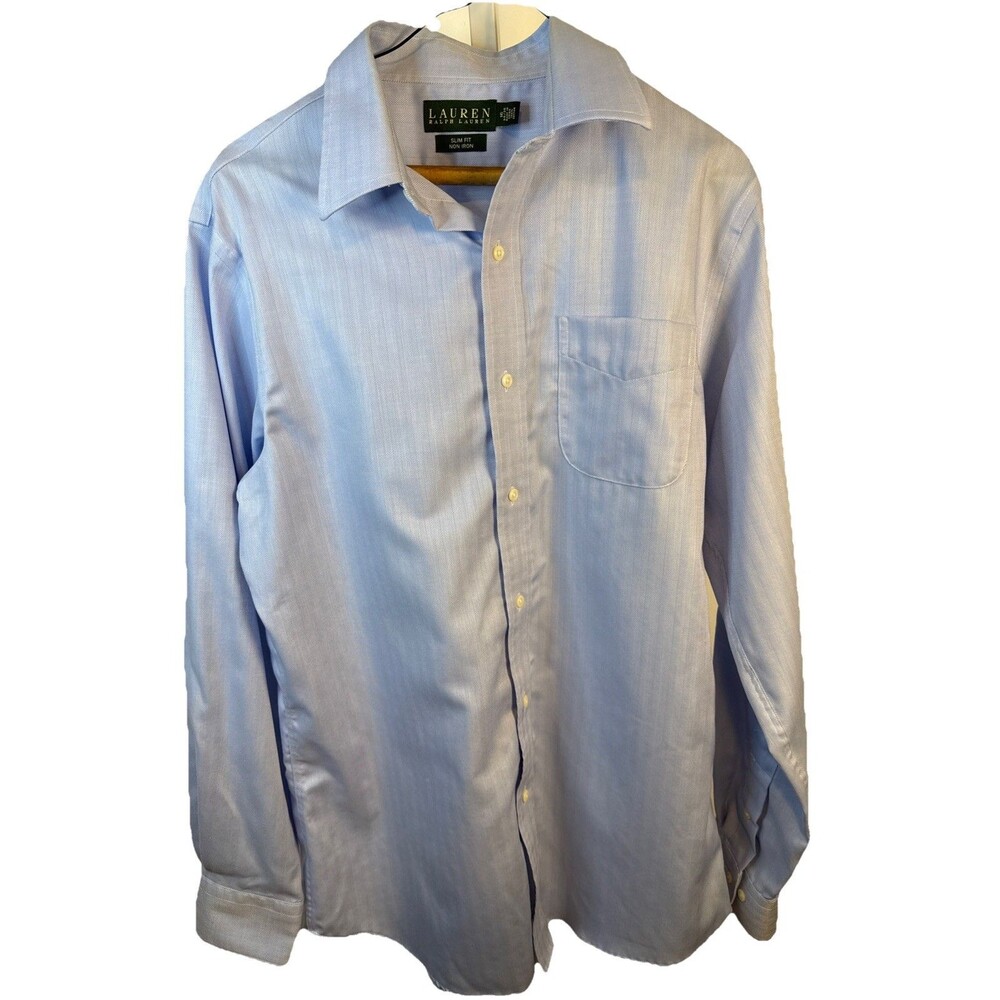Lauren Ralph Lauren 16 34/35 Slim Fit Non-Iron Button Down Blue Shirt $138